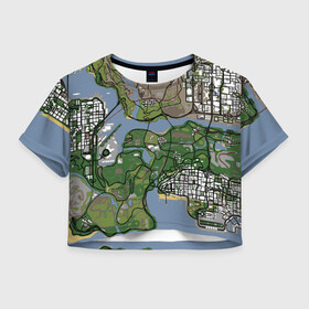 Женская футболка Crop-top 3D с принтом San andreas в городе Новоалтайск, 100% полиэстер | круглая горловина, длина футболки до линии талии, рукава с отворотами | game map | gta | gta 3 | gta 4 | gta 5 | gta map | liderty city | map | rockstar | san andreas | san andreas map | vice city | гта | гта карта | игровая карта | игровой мир | карта | карта гта | карта сан | сан андреас | сан андрес | сан андрэас 