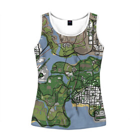 Женская майка 3D с принтом San andreas в городе Новоалтайск, 100% полиэстер | круглая горловина, прямой силуэт, длина до линии бедра | game map | gta | gta 3 | gta 4 | gta 5 | gta map | liderty city | map | rockstar | san andreas | san andreas map | vice city | гта | гта карта | игровая карта | игровой мир | карта | карта гта | карта сан | сан андреас | сан андрес | сан андрэас 