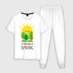 Мужская пижама хлопок с принтом Hello Spring в городе Новоалтайск, 100% хлопок | брюки и футболка прямого кроя, без карманов, на брюках мягкая резинка на поясе и по низу штанин
 | Тематика изображения на принте: 2020 | арт | весна | деревья | лес | солнце | солнышко | цветы