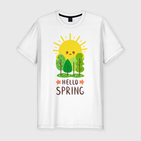 Мужская футболка хлопок Slim с принтом Hello Spring в городе Новоалтайск, 92% хлопок, 8% лайкра | приталенный силуэт, круглый вырез ворота, длина до линии бедра, короткий рукав | 2020 | арт | весна | деревья | лес | солнце | солнышко | цветы