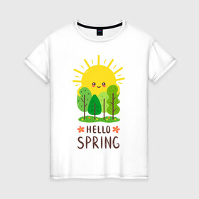 Женская футболка хлопок с принтом Hello Spring в городе Новоалтайск, 100% хлопок | прямой крой, круглый вырез горловины, длина до линии бедер, слегка спущенное плечо | 2020 | арт | весна | деревья | лес | солнце | солнышко | цветы