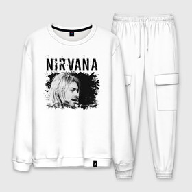 Мужской костюм хлопок с принтом NIRVANA в городе Новоалтайск, 100% хлопок | на свитшоте круглая горловина, мягкая резинка по низу. Брюки заужены к низу, на них два вида карманов: два “обычных” по бокам и два объемных, с клапанами, расположенные ниже линии бедра. Брюки с мягкой трикотажной резинкой на поясе и по низу штанин. В поясе для дополнительного комфорта — широкие завязки | cobain | kurt donald cobain | nirvana | smile | альтернативный рок | гранж | дэйв грол | крист новоселич | курт кобейн | нирвана | смайл