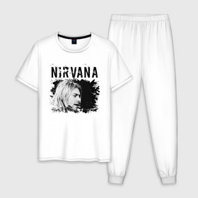 Мужская пижама хлопок с принтом NIRVANA в городе Новоалтайск, 100% хлопок | брюки и футболка прямого кроя, без карманов, на брюках мягкая резинка на поясе и по низу штанин
 | cobain | kurt donald cobain | nirvana | smile | альтернативный рок | гранж | дэйв грол | крист новоселич | курт кобейн | нирвана | смайл