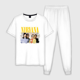 Мужская пижама хлопок с принтом NIRVANA в городе Новоалтайск, 100% хлопок | брюки и футболка прямого кроя, без карманов, на брюках мягкая резинка на поясе и по низу штанин
 | cobain | kurt donald cobain | nirvana | smile | альтернативный рок | гранж | дэйв грол | крист новоселич | курт кобейн | нирвана | смайл