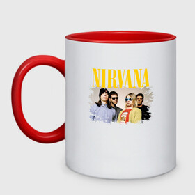 Кружка двухцветная с принтом NIRVANA в городе Новоалтайск, керамика | объем — 330 мл, диаметр — 80 мм. Цветная ручка и кайма сверху, в некоторых цветах — вся внутренняя часть | cobain | kurt donald cobain | nirvana | smile | альтернативный рок | гранж | дэйв грол | крист новоселич | курт кобейн | нирвана | смайл