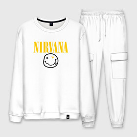 Мужской костюм хлопок с принтом NIRVANA в городе Новоалтайск, 100% хлопок | на свитшоте круглая горловина, мягкая резинка по низу. Брюки заужены к низу, на них два вида карманов: два “обычных” по бокам и два объемных, с клапанами, расположенные ниже линии бедра. Брюки с мягкой трикотажной резинкой на поясе и по низу штанин. В поясе для дополнительного комфорта — широкие завязки | cobain | kurt donald cobain | nirvana | smile | альтернативный рок | гранж | дэйв грол | крист новоселич | курт кобейн | нирвана | смайл