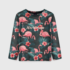 Детский лонгслив 3D с принтом Flamingo в городе Новоалтайск, 100% полиэстер | длинные рукава, круглый вырез горловины, полуприлегающий силуэт
 | girl | woman | девушкам | девушки | листья | подарок | тропические цветы | фламинго | цветы