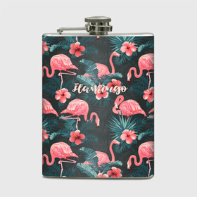 Фляга с принтом Flamingo в городе Новоалтайск, металлический корпус | емкость 0,22 л, размер 125 х 94 мм. Виниловая наклейка запечатывается полностью | Тематика изображения на принте: girl | woman | девушкам | девушки | листья | подарок | тропические цветы | фламинго | цветы