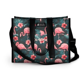 Сумка-шоппер 3D с принтом Flamingo в городе Новоалтайск, 100% полиэстер | застегивается на металлическую кнопку; внутренний карман застегивается на молнию. Стенки укреплены специальным мягким материалом, чтобы защитить содержимое от несильных ударов
 | girl | woman | девушкам | девушки | листья | подарок | тропические цветы | фламинго | цветы