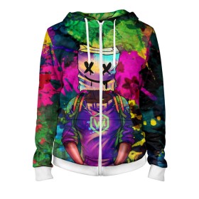 Женская толстовка 3D на молнии с принтом Marshmello в городе Новоалтайск, 100% полиэстер | длина до линии бедра, манжеты и пояс оформлены мягкой тканевой резинкой, двухслойный капюшон со шнурком для регулировки, спереди молния, по бокам два кармана | christopher comstock | cool | dj | edm | fortnite | marshmello | marshmellow | гранж | граффити | диджей | зефир | зефирка | кристофер комсток | музыка | музыкант | стрит арт | фортнайт
