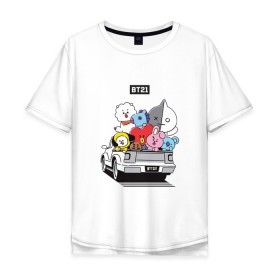 Мужская футболка хлопок Oversize с принтом BT21 в городе Новоалтайск, 100% хлопок | свободный крой, круглый ворот, “спинка” длиннее передней части | Тематика изображения на принте: bt21 | bts | k pop | бт21 | бтс | бтс 2020 | группа бтс | к поп | кей поп | кейпоп