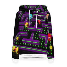 Женская толстовка 3D с принтом PAC-MAN 3D в городе Новоалтайск, 100% полиэстер  | двухслойный капюшон со шнурком для регулировки, мягкие манжеты на рукавах и по низу толстовки, спереди карман-кенгуру с мягким внутренним слоем. | 1980 | game | ghostbusters | pac man | игра | монстры | охотники за привидениями | пэкмен | уровень | ход