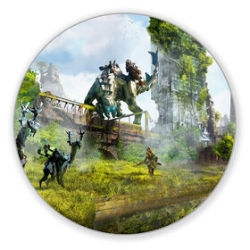 Коврик для мышки круглый с принтом HORIZON ZERO DAWN 2020 в городе Новоалтайск, резина и полиэстер | круглая форма, изображение наносится на всю лицевую часть | aloy | antasy girl | art | artwork | digital art | fantasy | horizon | horizon: zero dawn | landscape | tallneck | warrior fantasy | weapon | zero dawn