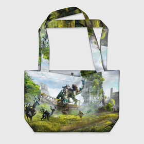 Пляжная сумка 3D с принтом HORIZON ZERO DAWN 2020 в городе Новоалтайск, 100% полиэстер | застегивается на металлическую кнопку; внутренний карман застегивается на молнию. Стенки укреплены специальным мягким материалом, чтобы защитить содержимое от несильных ударов
 | aloy | antasy girl | art | artwork | digital art | fantasy | horizon | horizon: zero dawn | landscape | tallneck | warrior fantasy | weapon | zero dawn