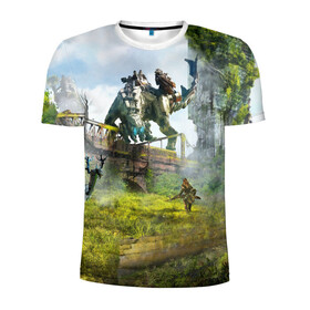 Мужская футболка 3D спортивная с принтом HORIZON ZERO DAWN 2020 в городе Новоалтайск, 100% полиэстер с улучшенными характеристиками | приталенный силуэт, круглая горловина, широкие плечи, сужается к линии бедра | Тематика изображения на принте: aloy | antasy girl | art | artwork | digital art | fantasy | horizon | horizon: zero dawn | landscape | tallneck | warrior fantasy | weapon | zero dawn