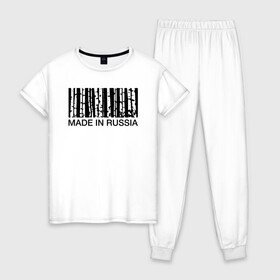 Женская пижама хлопок с принтом Made in Russia в городе Новоалтайск, 100% хлопок | брюки и футболка прямого кроя, без карманов, на брюках мягкая резинка на поясе и по низу штанин | barcode | country | forest | russia | береза | лес | родина | россия | страна | штрихкод