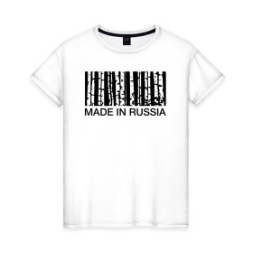 Женская футболка хлопок с принтом Made in Russia в городе Новоалтайск, 100% хлопок | прямой крой, круглый вырез горловины, длина до линии бедер, слегка спущенное плечо | barcode | country | forest | russia | береза | лес | родина | россия | страна | штрихкод