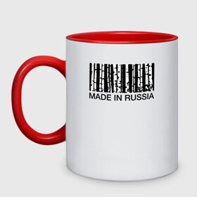 Кружка двухцветная с принтом Made in Russia в городе Новоалтайск, керамика | объем — 330 мл, диаметр — 80 мм. Цветная ручка и кайма сверху, в некоторых цветах — вся внутренняя часть | barcode | country | forest | russia | береза | лес | родина | россия | страна | штрихкод