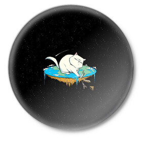 Значок с принтом Flat earth Cat в городе Новоалтайск,  металл | круглая форма, металлическая застежка в виде булавки | Тематика изображения на принте: cat | cats | code | conspiracy | earth | flat | kitten | sky | space | заговор | земля | конспирация | космос | кот | котенок | котик | котики | коты | мир | небо | плоская | сердце