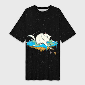 Платье-футболка 3D с принтом Flat earth Cat в городе Новоалтайск,  |  | cat | cats | code | conspiracy | earth | flat | kitten | sky | space | заговор | земля | конспирация | космос | кот | котенок | котик | котики | коты | мир | небо | плоская | сердце