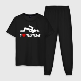 Мужская пижама хлопок с принтом I love sushi в городе Новоалтайск, 100% хлопок | брюки и футболка прямого кроя, без карманов, на брюках мягкая резинка на поясе и по низу штанин
 | brazzers | milf | ананизм | бразерс | браззерс | братья | звезда | куни | кунилингус | милф | надпись | прикол