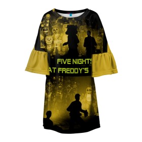 Детское платье 3D с принтом Five Nights at Freddys в городе Новоалтайск, 100% полиэстер | прямой силуэт, чуть расширенный к низу. Круглая горловина, на рукавах — воланы | Тематика изображения на принте: five | freddys | horror | nights | point and click | survival | игра | ночей | пять | фредди