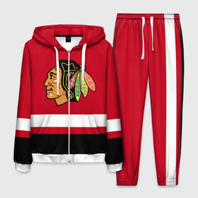 Мужской костюм 3D с принтом Chicago Blackhawks в городе Новоалтайск, 100% полиэстер | Манжеты и пояс оформлены тканевой резинкой, двухслойный капюшон со шнурком для регулировки, карманы спереди | blackhawks | chicago | chicago blackhawks | hockey | nhl | usa | блэкхокс | нхл | спорт | сша | хоккей | чикаго | чикаго блэкхокс | шайба