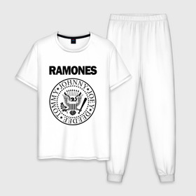 Мужская пижама хлопок с принтом RAMONES в городе Новоалтайск, 100% хлопок | брюки и футболка прямого кроя, без карманов, на брюках мягкая резинка на поясе и по низу штанин
 | Тематика изображения на принте: america | ramones | rock | usa | америка | джонни рамон | джоуи рамон | ди ди рамон | клем бурк | кристофер уорд | марки рамон | рамоунз | ричи рамон | рок | сша | томми рамон