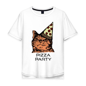 Мужская футболка хлопок Oversize с принтом PIZZA PARTY в городе Новоалтайск, 100% хлопок | свободный крой, круглый ворот, “спинка” длиннее передней части | party | pizza | pizza party | time | арт | веселье | время | для детей | животные | картинка | кот | котик | котики | пицца | пиццы | рисунок | рыжий кот