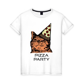 Женская футболка хлопок с принтом PIZZA PARTY в городе Новоалтайск, 100% хлопок | прямой крой, круглый вырез горловины, длина до линии бедер, слегка спущенное плечо | party | pizza | pizza party | time | арт | веселье | время | для детей | животные | картинка | кот | котик | котики | пицца | пиццы | рисунок | рыжий кот