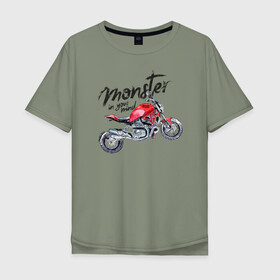 Мужская футболка хлопок Oversize с принтом Monster в городе Новоалтайск, 100% хлопок | свободный крой, круглый ворот, “спинка” длиннее передней части | monster ducati монстр красный мотоцикл леттеринг надпись гранж брутальный принт графика крутой модный яркий