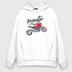 Мужское худи Oversize хлопок с принтом Monster в городе Новоалтайск, френч-терри — 70% хлопок, 30% полиэстер. Мягкий теплый начес внутри —100% хлопок | боковые карманы, эластичные манжеты и нижняя кромка, капюшон на магнитной кнопке | monster ducati монстр красный мотоцикл леттеринг надпись гранж брутальный принт графика крутой модный яркий