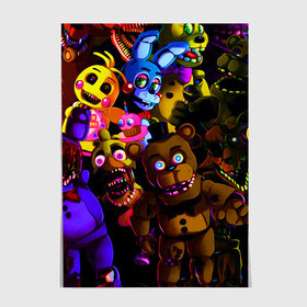 Постер с принтом Five Nights At Freddys в городе Новоалтайск, 100% бумага
 | бумага, плотность 150 мг. Матовая, но за счет высокого коэффициента гладкости имеет небольшой блеск и дает на свету блики, но в отличии от глянцевой бумаги не покрыта лаком | 5 ночей | 5 ночей с фредди | 5 ночей с фреди | five nights at freddys | fnaf | foxy | аниматроники | игра | компьютерная игра | пять ночей с фредди | фокси | фредди | фреди | чика