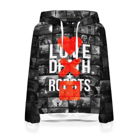Женская толстовка 3D с принтом LOVE DEATH ROBOTS (LDR) в городе Новоалтайск, 100% полиэстер  | двухслойный капюшон со шнурком для регулировки, мягкие манжеты на рукавах и по низу толстовки, спереди карман-кенгуру с мягким внутренним слоем. | death | fantastic | future | ldr | love | love death and robots | love death robots | netflix | robots | sci fi | будущее | лдр | любовь | нетфликс | роботы | фантастика