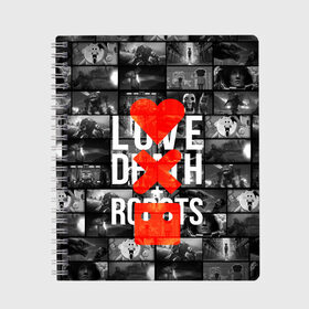 Тетрадь с принтом LOVE DEATH ROBOTS (LDR) в городе Новоалтайск, 100% бумага | 48 листов, плотность листов — 60 г/м2, плотность картонной обложки — 250 г/м2. Листы скреплены сбоку удобной пружинной спиралью. Уголки страниц и обложки скругленные. Цвет линий — светло-серый
 | Тематика изображения на принте: death | fantastic | future | ldr | love | love death and robots | love death robots | netflix | robots | sci fi | будущее | лдр | любовь | нетфликс | роботы | фантастика