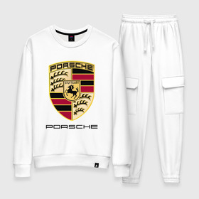 Женский костюм хлопок с принтом PORSCHE в городе Новоалтайск, 100% хлопок | на свитшоте круглая горловина, мягкая резинка по низу. Брюки заужены к низу, на них два вида карманов: два 