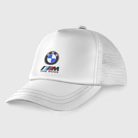 Детская кепка тракер с принтом BMW BOSS в городе Новоалтайск, Козырек - 100% хлопок. Кепка - 100% полиэстер, Задняя часть - сетка | универсальный размер, пластиковая застёжка | bmw | bmw performance | m | motorsport | performance | бмв | бэха | моторспорт
