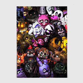 Постер с принтом Five Nights At Freddys в городе Новоалтайск, 100% бумага
 | бумага, плотность 150 мг. Матовая, но за счет высокого коэффициента гладкости имеет небольшой блеск и дает на свету блики, но в отличии от глянцевой бумаги не покрыта лаком | 5 ночей | 5 ночей с фредди | 5 ночей с фреди | five nights at freddys | fnaf | foxy | аниматроники | игра | компьютерная игра | пять ночей с фредди | фокси | фредди | фреди | чика