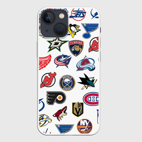 Чехол для iPhone 13 mini с принтом NHL PATTERN в городе Новоалтайск,  |  | Тематика изображения на принте: anaheim ducks | arizona coyotes | boston bruins | buffalo sabres | calgary flames | canadiens de montreal | carolina hurricanes | chicago blackhawks | colorado avalanche | columbus blue jackets | dallas stars | detroit red wings | edmonton oil | hockey | 