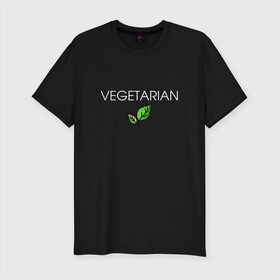 Мужская футболка хлопок Slim с принтом VEGETARIAN в городе Новоалтайск, 92% хлопок, 8% лайкра | приталенный силуэт, круглый вырез ворота, длина до линии бедра, короткий рукав | animals | love | vegan | vegeterian | веган | веганка | вегетарианец | вегетарианка | два | ем | животные | животных | лист | листа | листик | листика | листики | листы | люблю | мясо | не | сыроед | сыроедение