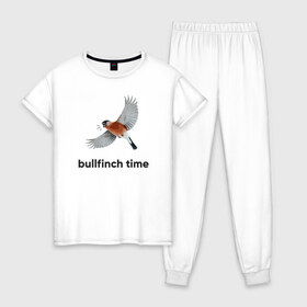 Женская пижама хлопок с принтом Bullfinch time в городе Новоалтайск, 100% хлопок | брюки и футболка прямого кроя, без карманов, на брюках мягкая резинка на поясе и по низу штанин | bird | bullfinch | wings | летать | полет | птица | снегирь