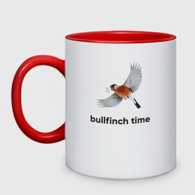 Кружка двухцветная с принтом Bullfinch time в городе Новоалтайск, керамика | объем — 330 мл, диаметр — 80 мм. Цветная ручка и кайма сверху, в некоторых цветах — вся внутренняя часть | Тематика изображения на принте: bird | bullfinch | wings | летать | полет | птица | снегирь