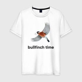 Мужская футболка хлопок с принтом Bullfinch time в городе Новоалтайск, 100% хлопок | прямой крой, круглый вырез горловины, длина до линии бедер, слегка спущенное плечо. | bird | bullfinch | wings | летать | полет | птица | снегирь