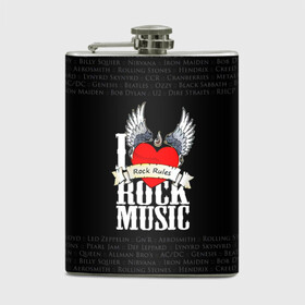 Фляга с принтом ROCK в городе Новоалтайск, металлический корпус | емкость 0,22 л, размер 125 х 94 мм. Виниловая наклейка запечатывается полностью | Тематика изображения на принте: ac dc | beatles | iron maiden | kiss | metallica | nirvana | ozzy | pink floyd | queen | rock | rolling stones | ас дс | группа | крылья | музыка | надпись | перья | рок | сердце