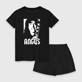Женская пижама с шортиками хлопок с принтом ANGUS в городе Новоалтайск, 100% хлопок | футболка прямого кроя, шорты свободные с широкой мягкой резинкой | ac dc | acdc | acdc ас дс | angus | back in black | highway to hell | mckinnon | young | австралийская | ангус янг | ас дс | асдс | блюз | в форме | гитара | группа | крис слэйд | метал | молния | музыка | п | певец | рок | рок н ролл