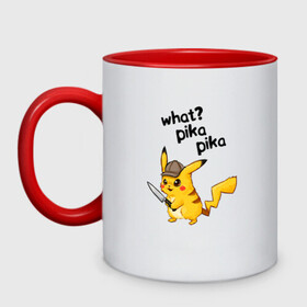 Кружка двухцветная с принтом PIKACHU в городе Новоалтайск, керамика | объем — 330 мл, диаметр — 80 мм. Цветная ручка и кайма сверху, в некоторых цветах — вся внутренняя часть | mause покемон | mouse | pika | pika pika | pikachu | pikachu mouse | what | what пикачу | вредина | молния | мышь | мышь пикачу | пика | пика пика | пикачу | покемон | покемон мышь