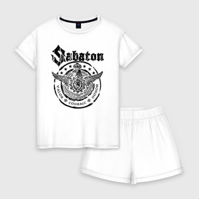 Женская пижама с шортиками хлопок с принтом Sabaton в городе Новоалтайск, 100% хлопок | футболка прямого кроя, шорты свободные с широкой мягкой резинкой | battle | panzerkampf | primo victoria | sabaton | the art of war | the great war | атака мертвецов | бисмарк | броден | войны | группа | йоаким | латный ботинок | метал | ночные ведьмы | пауэр | рок | рыцарские доспехи | сабатон