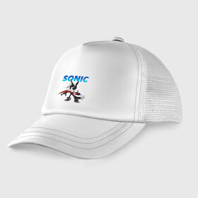 Детская кепка тракер с принтом SONIC в городе Новоалтайск, Козырек - 100% хлопок. Кепка - 100% полиэстер, Задняя часть - сетка | универсальный размер, пластиковая застёжка | animal | games | hedgehog | sega | sonic | speed | speed sonic | быстрый ёж | ёж | ёжик | игры | персонаж | сега | синий ёж | скорость | соник