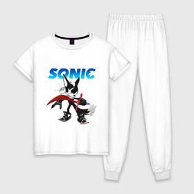Женская пижама хлопок с принтом SONIC в городе Новоалтайск, 100% хлопок | брюки и футболка прямого кроя, без карманов, на брюках мягкая резинка на поясе и по низу штанин | animal | games | hedgehog | sega | sonic | speed | speed sonic | быстрый ёж | ёж | ёжик | игры | персонаж | сега | синий ёж | скорость | соник