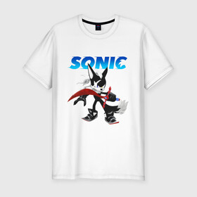 Мужская футболка хлопок Slim с принтом SONIC в городе Новоалтайск, 92% хлопок, 8% лайкра | приталенный силуэт, круглый вырез ворота, длина до линии бедра, короткий рукав | animal | games | hedgehog | sega | sonic | speed | speed sonic | быстрый ёж | ёж | ёжик | игры | персонаж | сега | синий ёж | скорость | соник